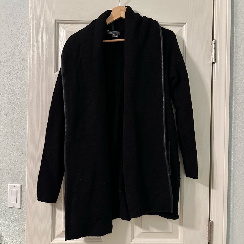 Vince Black Leather Trim Yak & Wool  Open Front Cardigan Sweater size XS